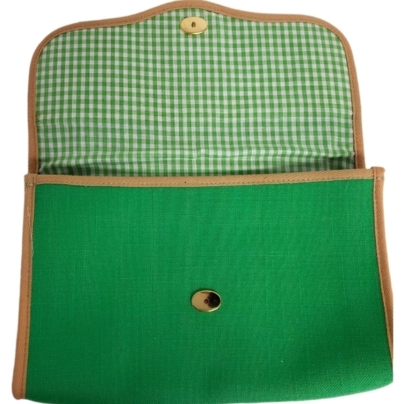 ENVELOPE Clutch Green and Tan Fabric with Gingham Liner 7.5h x 11w Like New - Picture 2 of 7